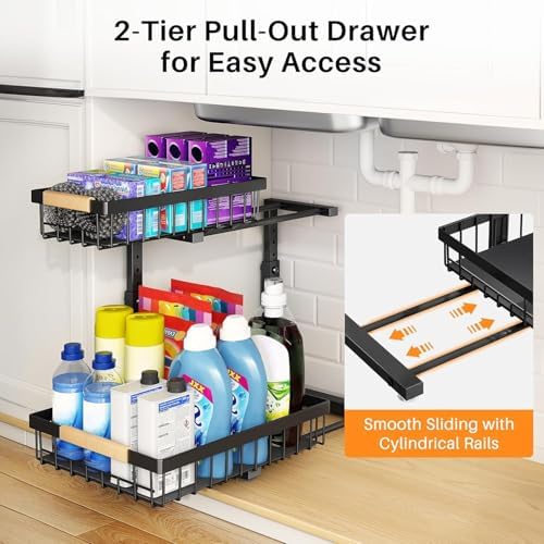 Under Sink Organizer, Adjustable Height, 2 Tier Pull Out Under Cabinet Organizer, Slide Out Thickened Metal Under Sink Storage for Kitchen Bathroom Laundry Pantry Cabinet, Black, Large-2-Pack