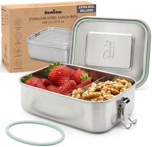 Stainless Steel Bento Box 27 oz, Metal Lunch Box with Compartments, Leakproof Stainless Steel Lunch Container, BPA free Dishwasher Safe Metal Lunchbox
