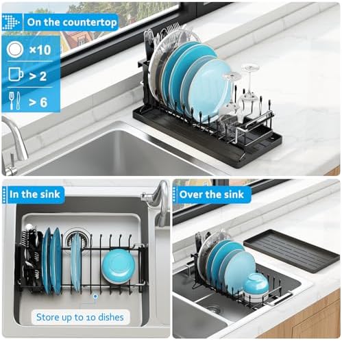 Sink Dish Drying Rack - Expandable Small Dish Rack Over Sinks with Silicone Drying Tray, Dish Drainer for Kitchen Counter with Cutlery Holder, Drying Rack Fit for 14’’-19’’ Kitchen Sink