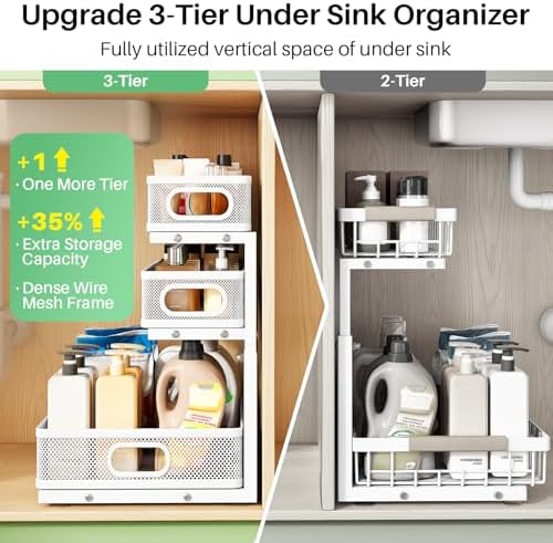 Under Sink Organizer, 2-Pack 3-Tier Height Adjustable Thickened Metal Pull out Cabinet Organizer Shelf, Slide out Storage Drawer Rack for Bathroom Kitchen Pantry Home Laundry Organization