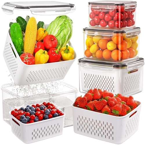 4 PCS Fruit Storage Containers for Fridge, Produce Containers for Fridge with Removable Colander, All-In-One Fruit Washing Bowl with Strainer Microwave/Dishwasher Safe for Salad Berry Lettuce Keeper