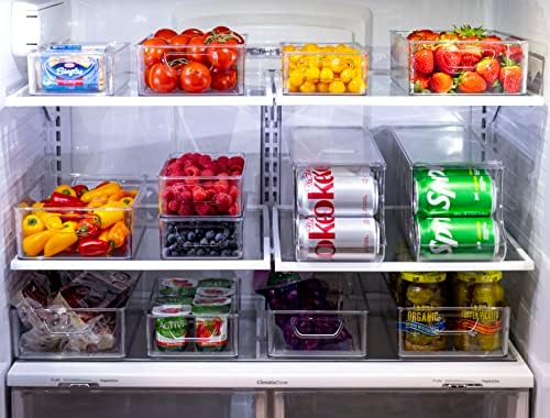 Set Of 16 Refrigerator Organizer Bins - Plastic Pantry Organization and Storage Baskets - Stackable Food Fridge Organizers with Cutout Handles for Freezer, Kitchen, Countertops, Cabinets