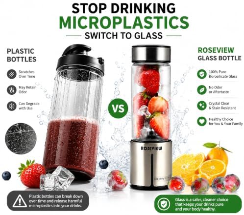 Portable Smoothie blender ROSEVIEW Glass bottle USB rechargeable mini Handheld Ice Shakes Cup 2 speed blend juicer Cordless Personal smoothies maker Fruit mixer (Matellic Steel) - Image 7