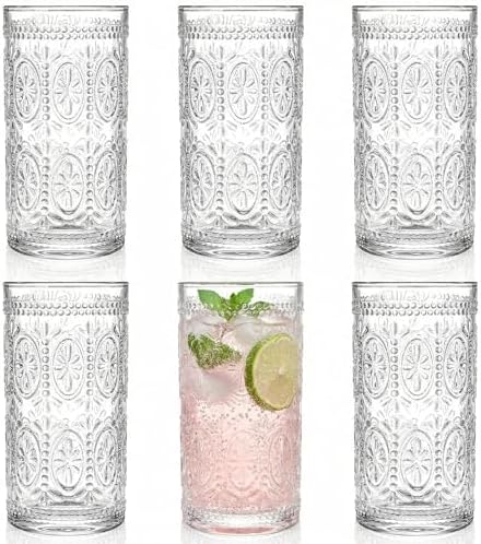 6 Pack Romantic Drinking Glasses, 12 oz Highball Glasses, Thick Water Glasses, Tall Glass Cups for Beverages, Beer, Cocktail, Vintage Glassware Set for Dinner Parties, Bars, Restaurants