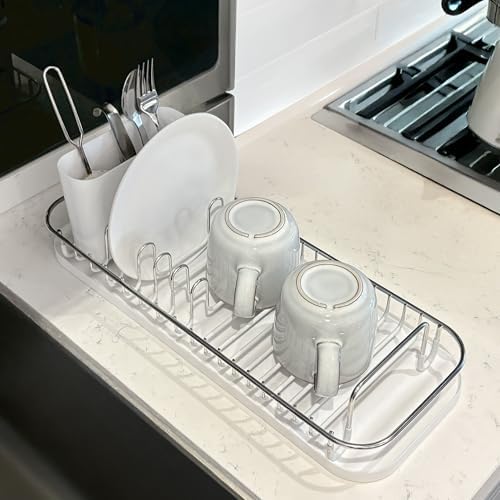 304 Stainless Steel NeverRust Compact Dish Drying Rack with Utensil Holder & Removable Drain Tray, Rustproof Small Dish Rack for Kitchen Countertop or Over Sink (Metallic Silver, Compact)