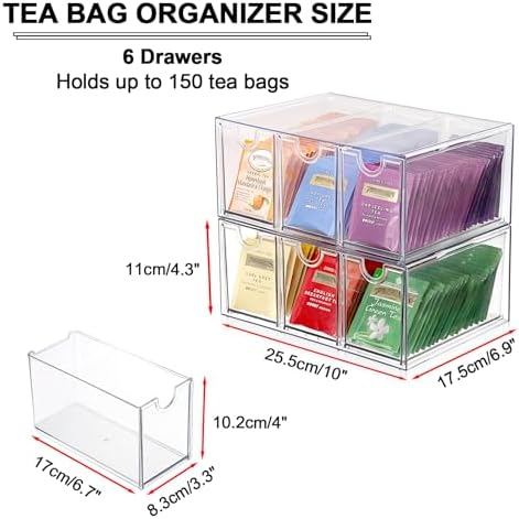 6 Drawers Tea Bag Organizer Box, Acrylic Stackable Tea Bag Storage Holder for Kitchen Pantry, Clear Coffee Pod Snack Storage Box for Countertop Cabinet