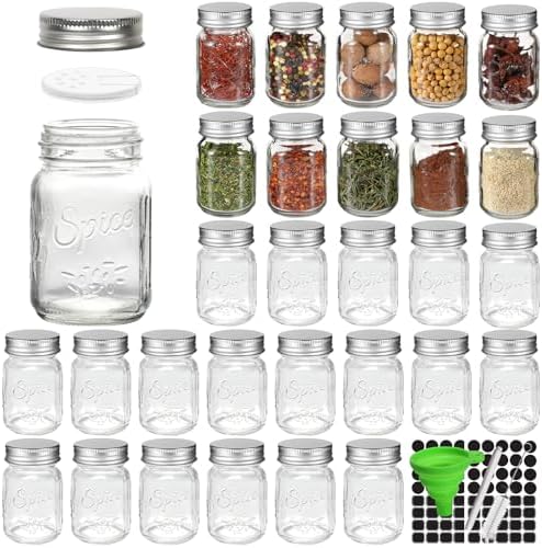 30 Pack 4oz Round Glass Spice Jars with Shaker Lids & Metal Caps