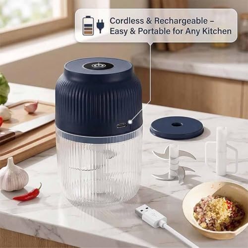 Household Electric Garlic Crusher, 400ml Mini Electric Food Chopper, Portable Mini Food Processor with 6 Blades, Wireless Electric Garlic Chopper for Ginger, Chili, Fruit, Meat, etc (4 Blades White) - Image 4