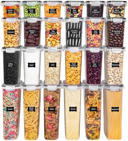 Kitchen Storage Containers with Lids, 48 PCS Airtight Food Storage Containers, Plastic Kitchen Containers, Pantry Containers for Cereal, Dry Food, Includes Labels, Marker & Measuring Spoons
