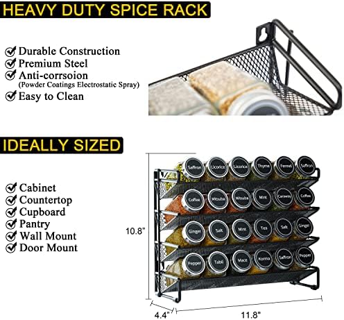 Spice Rack Organizer with 24 Spice Jars, 386 Spice Labels, Chalk Marker and Funnel Set for Cabinet, Countertop, Pantry, Cupboard or Door & Wall Mount -24 Jars, 11.8" W × 10.8" H, Black