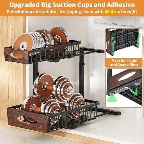 2-Tier Under Sink Organizer with Wooden Drawer Handle, 2 Pack Adjustable Height Pull Out Cabinet Organizer Shelf,Slide out Storage Drawer Rack for Kitchen Bathroom Laundry Room Pantry