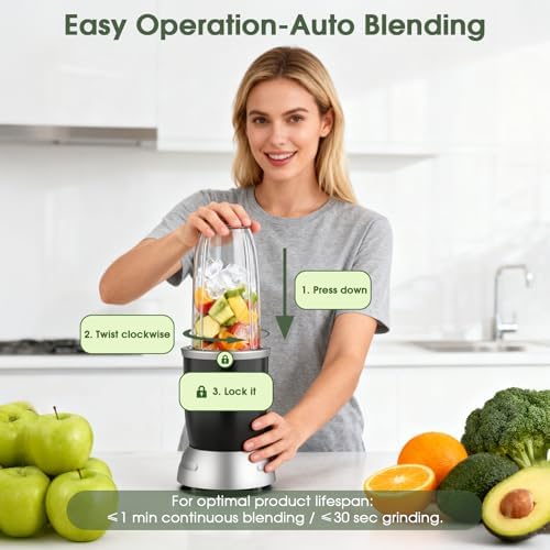 Smoothie Blender, 25000 RPM Portable Blender for Smoothies, Countertop Blenders for Kitchen with 37oz, 32oz, 23oz Personal Blenders Cups, 2 Spout Lids & 1 Resealable Lid for Crushing (Black-silver)