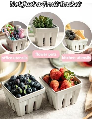 Ceramic Berry Bowl Set of 2 Square Strawberry Basket, Cream White