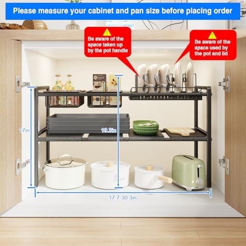 Pots and Pans Organizer Under Cabinet, Expandable 2 Tier Under Sink Organizers Storage Adjustable Height Kitchen Pot and Pan Lid Holder Rack with 6 Dividers(4panels,2baskets,1 Pot rack,Black)