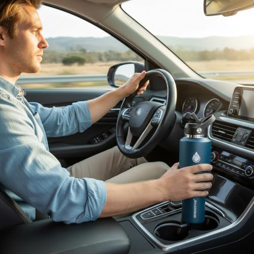 40oz Stainless Steel Water Bottle(Cold for 48 Hrs, Hot for 24 Hrs),Double Wall Vacuum Insulated Bottle with Straw Lid, Spout Lid and Flex Cap, Fit in Any Car Cup Holder，Navy