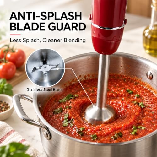 Immersion Blender, 800W 5-in-1 Hand Blender, Variable Speed, Red