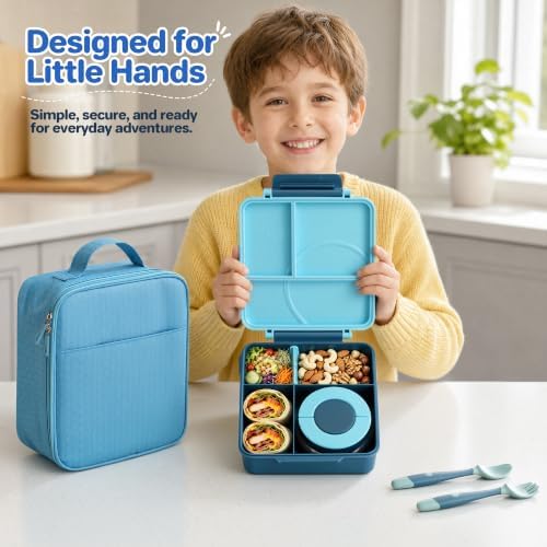 Bento Lunch Box Set for Kids with 8oz Soup Thermo, Leak-Proof Lunch Containers with 4 Compartment, Kids Thermo Hot Food Jar and Insulated Lunch Bag for Kid to School-Blue