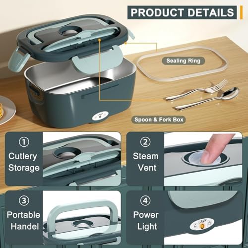 Electric Lunch Box Food Heater, Upgrade 100W High Power Portable Food Warmer, Heated Lunch Box for Adults Car/Home with 2 Removable Stainless Steel Container, 12V/24V/110V/220V