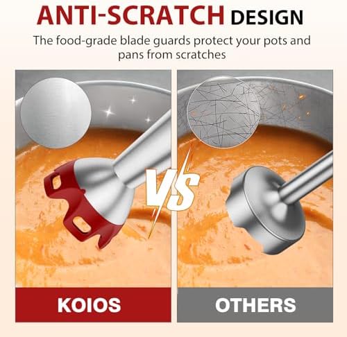 KOIOS Immersion Blender, 1000W Anti-scratch 3-in-1 Hand Blender, Upgraded 12 Speed Stainless Steel Blade Stick Blender with Turbo Mode, Whisk and Milk Frother, Non-BPA, Red - Image 3