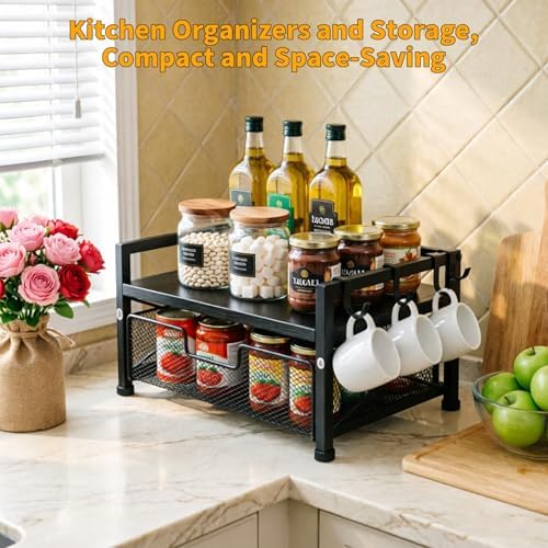 Tea Bag Organizer,Coffee Bar Organizer,Teabag Holder & Coffee Station with Storage Drawer,Wood Tea Station Chest Display Container Box for Countertop Kitchen (Grey)