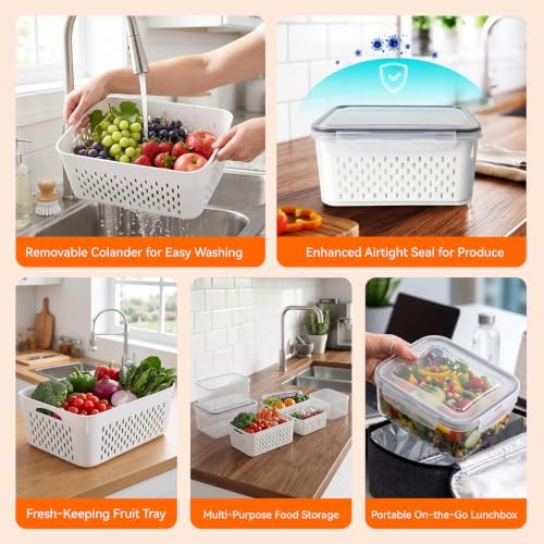 5 Pack Large Fruit Storage Containers for Fridge Set, Removable Colander