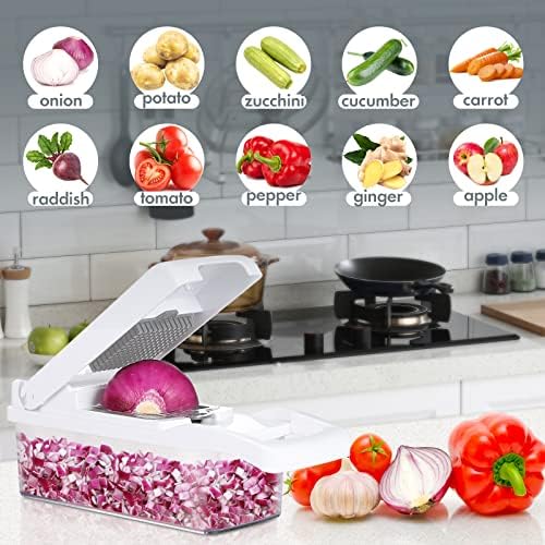 Vegetable Chopper Onion Cutter, 12 in 1 Professional Mandoline Slicer for Kitchen, Multifunctional Food Chopper for Potato, Tomato, Veggie with Strainer Basket, 8 Blades, White