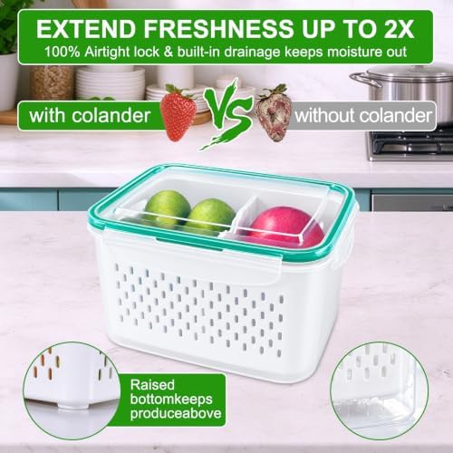 Thicker Produce Fruit Storage Containers for Fridge with Colander &Dividers
