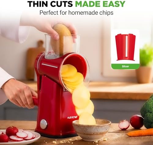 5 in 1 Cheese Grater & Shredder | 5 Different Blades for Thin, Thick, Julienne Strips, Wavy, & Straight Strips | Includes Hand Crank, Strong Suction Base & Storage Container | Red