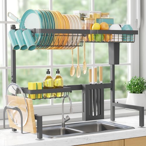 Over The Sink Dish Drying Rack - Adjustable 2 Tier Large Capacity Stainless Steel Drainer with Cutlery & Utensil Holders, Kitchen Storage & Organization, 30"-33.9" L x 11" W x 21.5" H, Gray