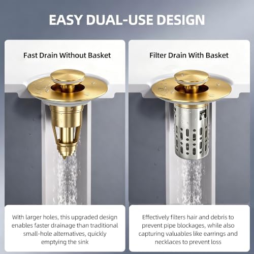 Bathroom Sink Stopper 3 in 1 Bathroom Sink Drain Strainer Universal Pop Up Sink Stopper with Removable Hair Catcher Anti-Clog Filter Basket Brass & Stainless Steel Brushed Gold 1 PC
