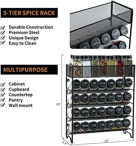 Spice Rack Organizer with 28 Spice Jars, Black Lids, Spice Labels
