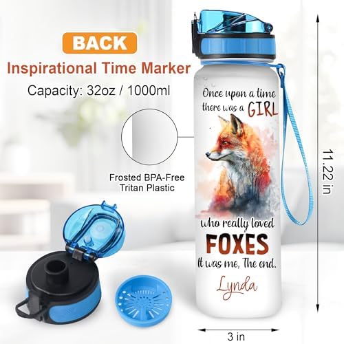 Personalized Fox Lovers 32 Oz 1Liter Motivational Water Bottle, Once Upon A Time Girl Love Foxes Custom Name Water Bottle With Time Marker, Gifts For Women Girl On Birthday, Mother Day's