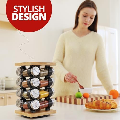 16 Jar Rotating Bamboo Spice Rack with Spices Included & 5-Year Spice Refill Program – Compact Countertop Spice Rack with Glass Jars