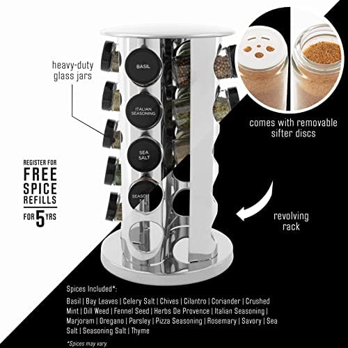 20 Jar Revolving Countertop Spice Rack with Spices Included, FREE Spice Refills for 5 Years, Polished Stainless Steel with Black Caps, 30020