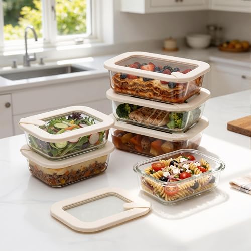 Glass Food Storage Containers with Glass Lids, Microwave Safe Food Container Set, Aitight Meal Prep Container Set, LeakProof, 100% Plastic Free, 6 Pack