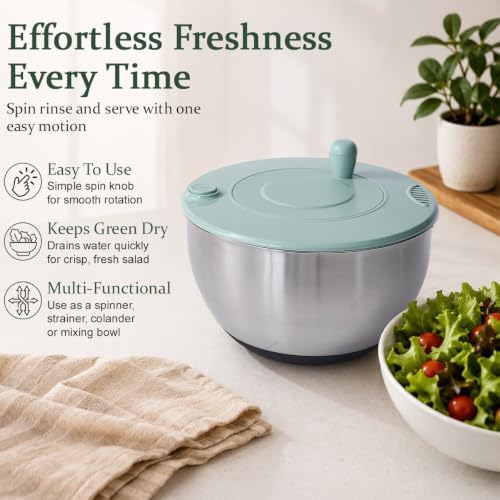 Stainless Steel Salad Spinner & Mandoline Slicer, 6 Blades, Mixing Bowl