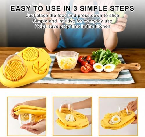 3-in-1 Stainless Steel Egg Slicer, Heavy Duty Multi-Function Kitchen Slicing Tool, Easy and Even Slicing for Hard Boiled Eggs, Fruits and Vegetables (Yellow) - Image 3