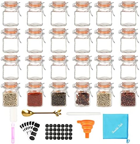 3.4 oz Small Glass Spice Jars with Lables, 24 Pack Empty Mini Square Spice Bottles with Airtight Flip Top Lids, Chalkboard Labels and Collapsible Funnel for Home and Kitchen