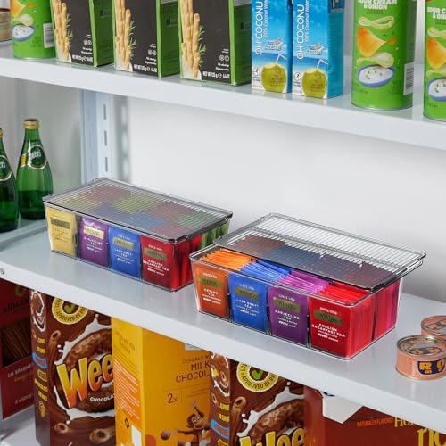 2 Pack 16 Compartment Tea Organizer, Stackable for Cabinet, Black