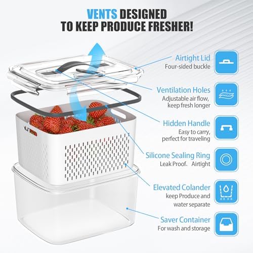 5 Pack Fruit Storage Containers for Fridge with Colander, Vent, Lid