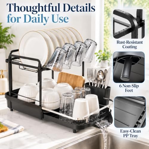 2 Tier Dish Drying Rack, Dish Drainer with Drainboard Set, Black