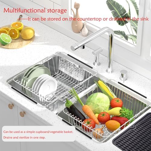 Stainless Steel Dish Drying Rack (15" L X 11" W X 4.1" H), Expandable Fruit & Vegetable Drain Rack Over Sink, Dish Drainer Rack in Sink, with Utensil Holder & Silicone Mat (16")