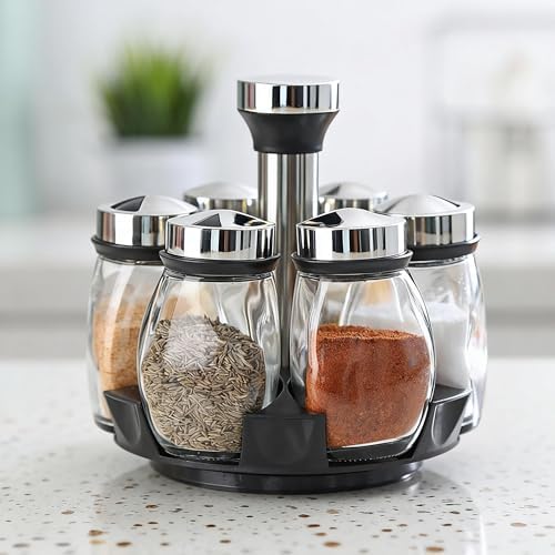 Rotating Spice Rack, 6PC Glass Spice Jars Suitable for kitchen countertops