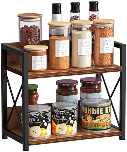 Countertop Shelf Organizer, 2 Tier Kitchen Spice Rack for Countertop, Wood Coffee Counter Shelf Organizer for Home (Brown, S)