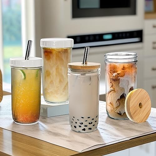 6 Pack Glass Cups with Lids and Straws, 24 oz Mason Jar Smoothie Cup Aesthetic Cute Glass Tumbler Coffee Beer Can Cups Boba Cup for Bubble Tea, Juice, Gift