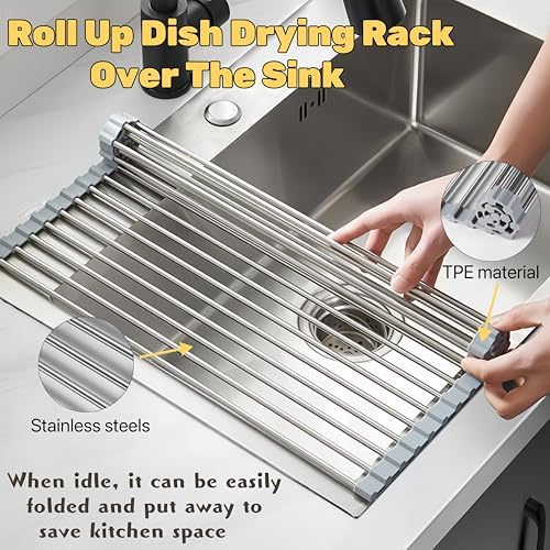 Roll Up Dish Drying Rack, 17.7" x 15.5" Over The Sink Dish Drying Rack, Dish Drying Rack for Kitchen Sink Counter Storage (Grey)