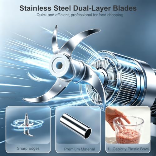 Food Chopper Electric, Dual Blades with 2 Speed Button, Overheat Protection + Safety Lock, Hand Wash or Dishwasher Safe, Rubber Anti-Slip Pad, 200W Motor, 1L Plastic Bowl - Image 2