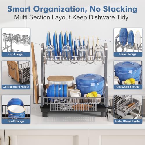 Dish Drying Rack for Kitchen Counter, Dish Drainer with Drainboard