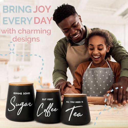 Modern Coffee Tea Sugar Container Set, 3pc Ceramic Storage Jar, Matte Black