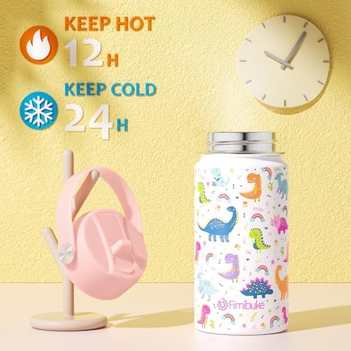 Kids Insulated Water Bottle, 14oz BPA FREE Double Wall Vacuum Tumbler 18/8 Stainless Steel Leak Proof Kids Cups with Straw Metal Bottle for School Boy Girl (2 Pack, UNICORN/WHITE DINOSAUR)